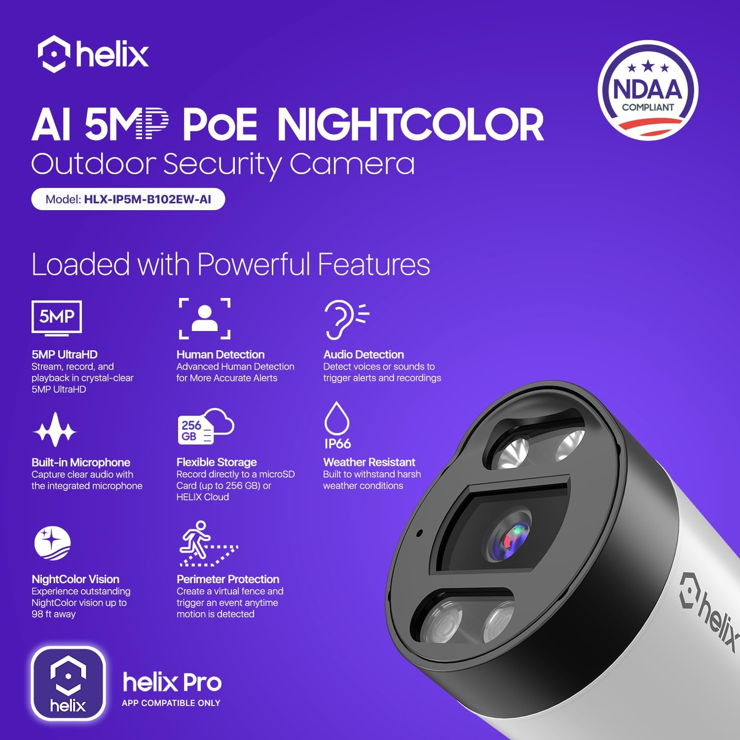 Helix 5MP POE Security Camera System Outdoor, 8CH POE NVR, 4pcs 5MP Bullet Cameras, IP66 Metal Bullet IP Cameras, Built in Mic, Hard Drive Not Included, HLX-NV3808E-B102EW-AI4