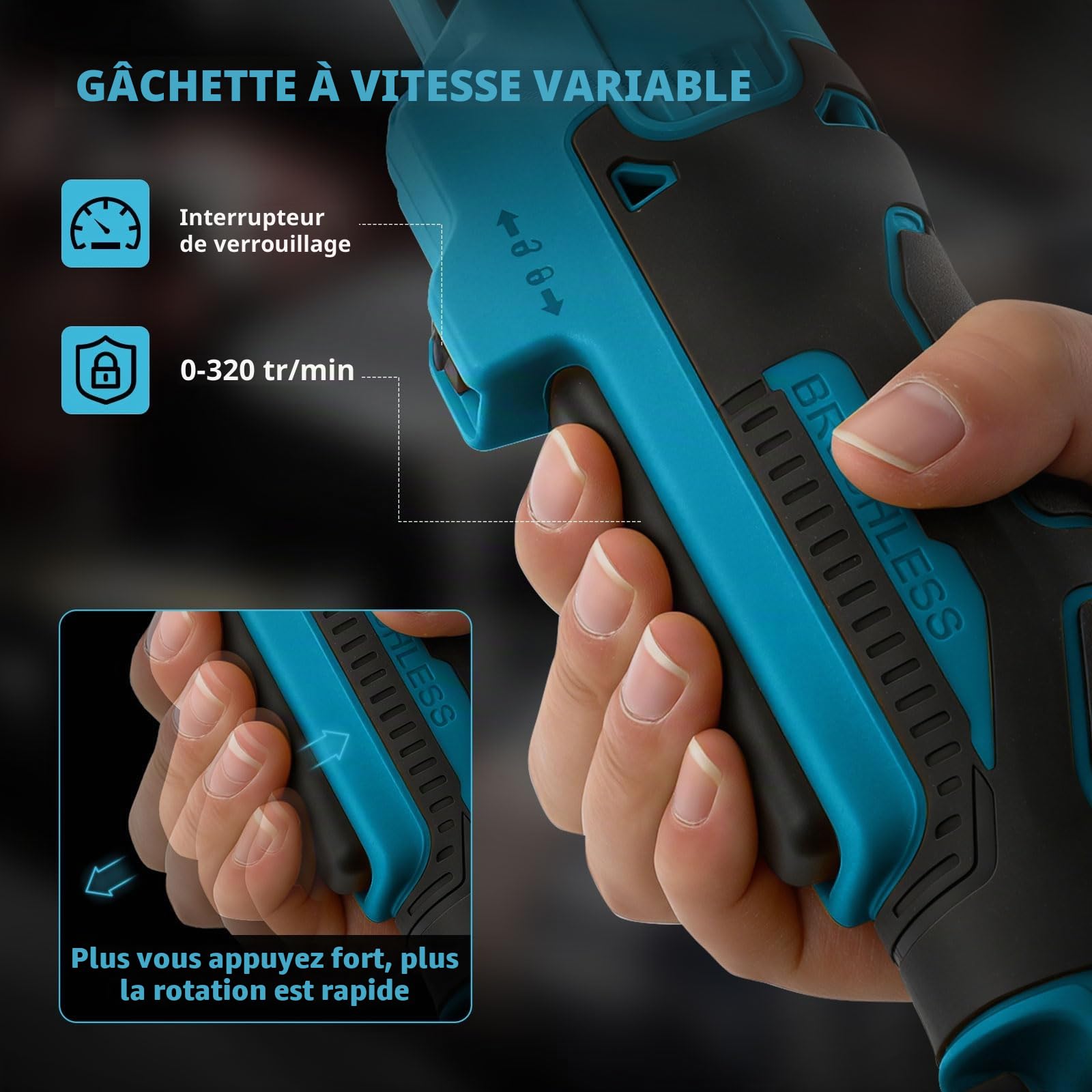 JOJOCY Clé à cliquet sans fil 3/8" compatible avec batterie MK 18 V avec adaptateur 1/2" et 1/4", tête allongée de 15 cm, vis à cliquet électrique, 80 Nm, 320 tr/min (bleu)