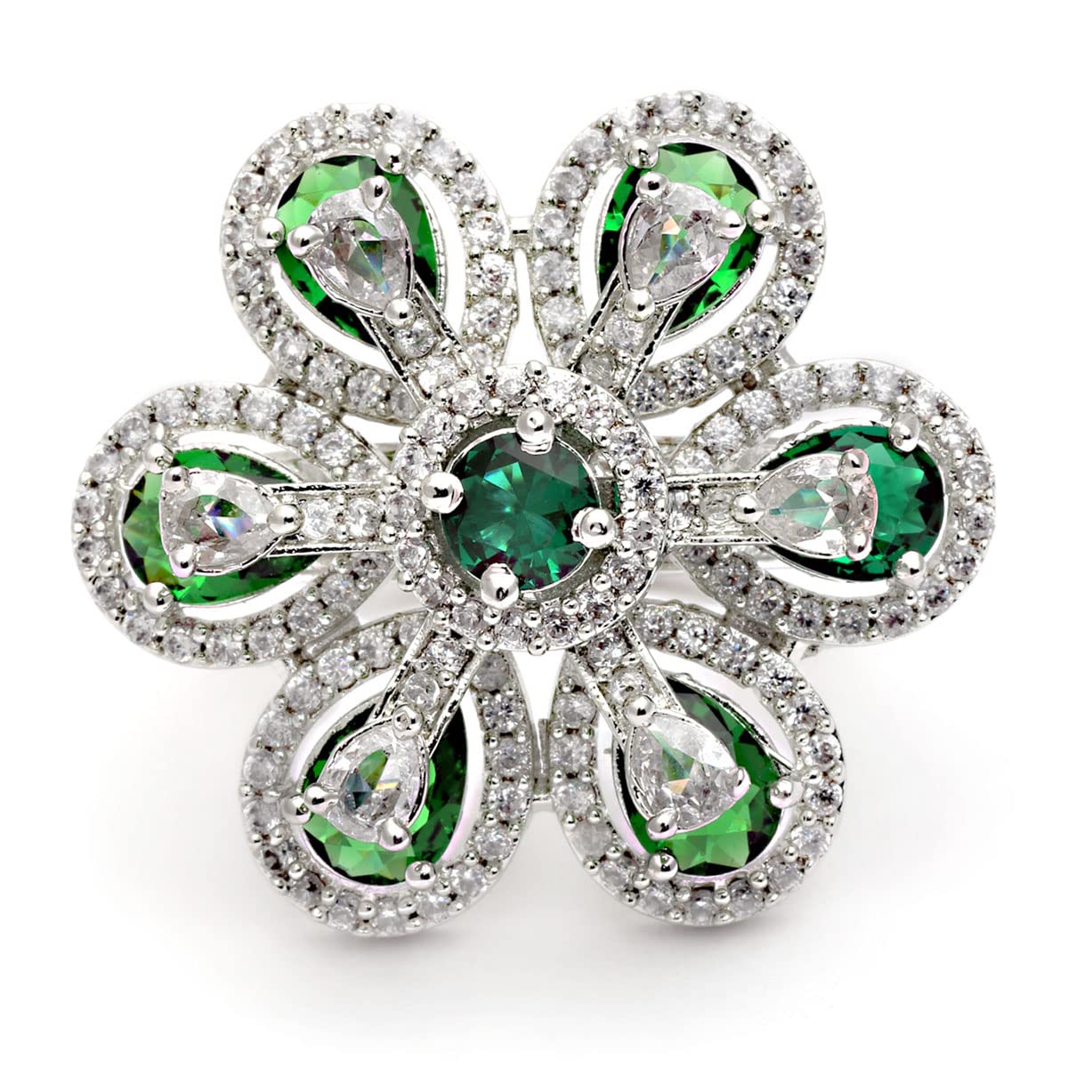 karatcart Green American Diamond Studded Silver Tone Floral Adjustable AD Ring for Women-picture-32