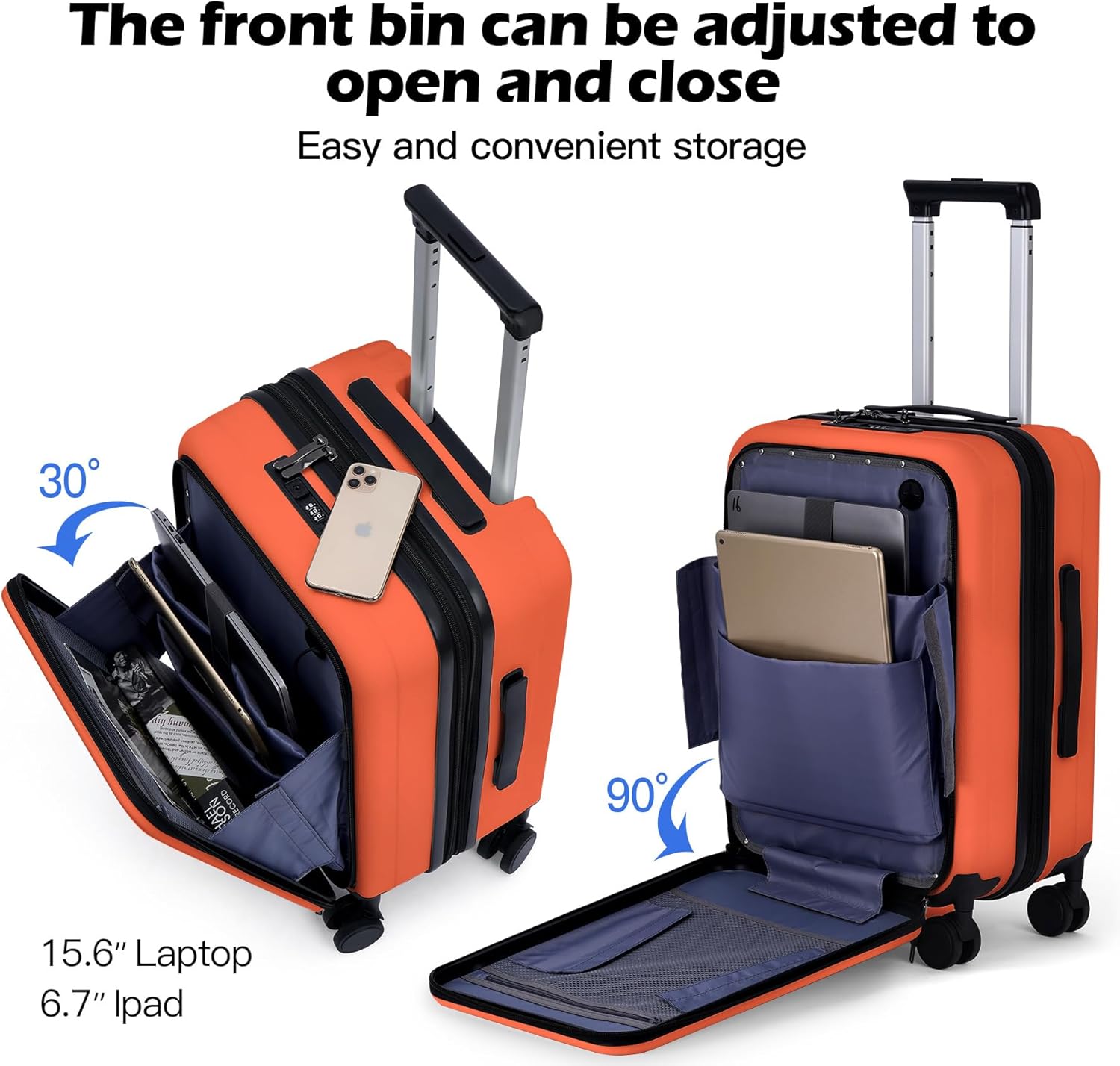 BISON DENIM 20 Inch Carry On Luggage, PC Lightweight Hardside Expandable Carry-On Luggage Airline Approved With Spinner Wheels, Front Compartment, Cup Holde, TSA-approved Lock, USB Port, Orange