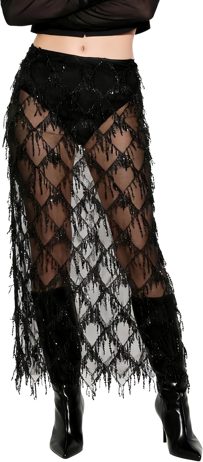 AXX Women's Sequin Fringe Midi Skirt - Sheer Mesh Sparkly Tassel Skirt with Side Slit, Elastic Waist Glitter Party Club