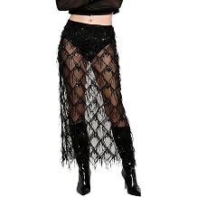 AXX Womens Sequin Fringe Midi Skirt Sheer Mesh Tassel Skirt