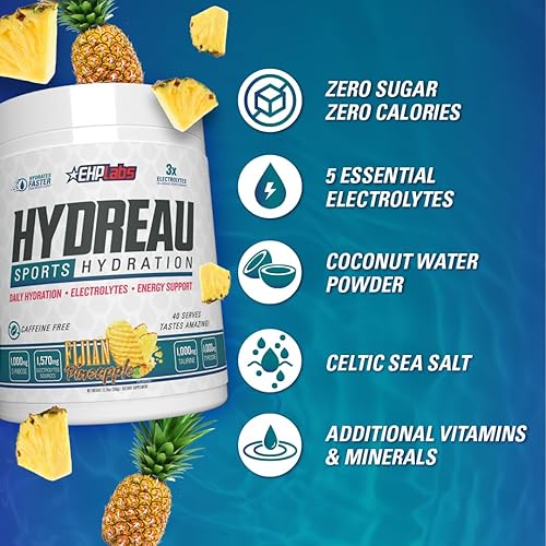 Miniatura 3 de EHP Labs Hydreau - Polvo de electrolitos sin azúcar, polvo de hidratación para resistencia y energía, polvo de electrolitos para hombres y mujeres