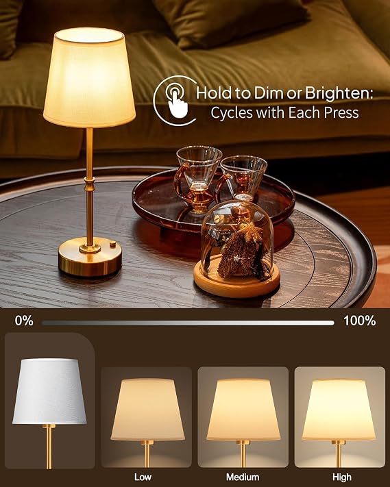 EppieBasic Cordless Table Lamp Rechargeable: Fast Charging & Long Lasting - 2700K Warm Light Samll Vintage Gold Lamps for Women Housewife - Dinning Living Room Bedroom