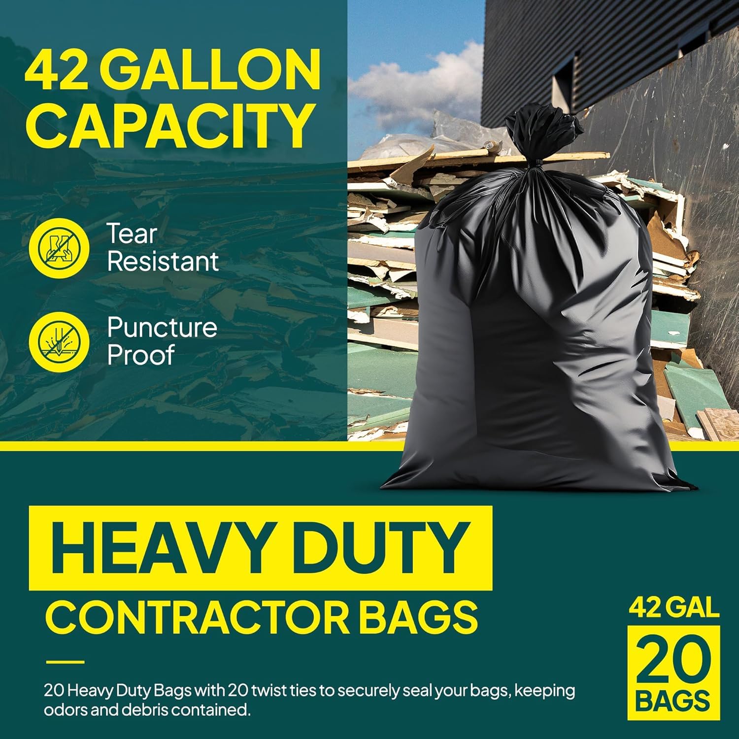 Toorbi Contractor Bags 42 Gallon (20 PACK/w TIES), 3 MIL Thick Large Black Heavy Duty Industrial Garbage Trash Bags for Professional Construction and Commercial Use