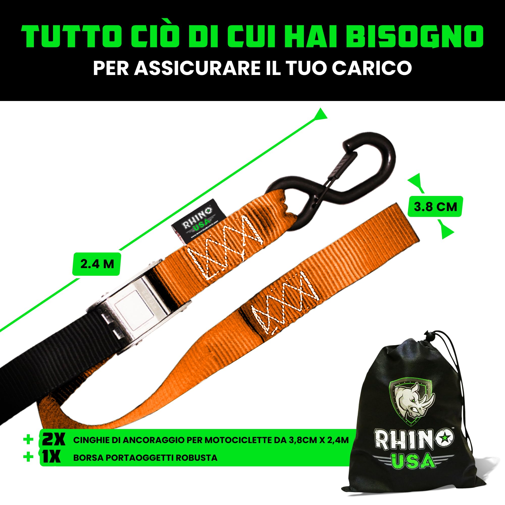Rhino USA Cinghie a Cricchetto per Moto 1000 kg - Cinghie di Fissaggio a Cricchetto - 2 Pz - Cinghie con Ganci a S con Sicura - Cinghia a Cricchetto - per Viaggio Trasporto Trasloco - Orange