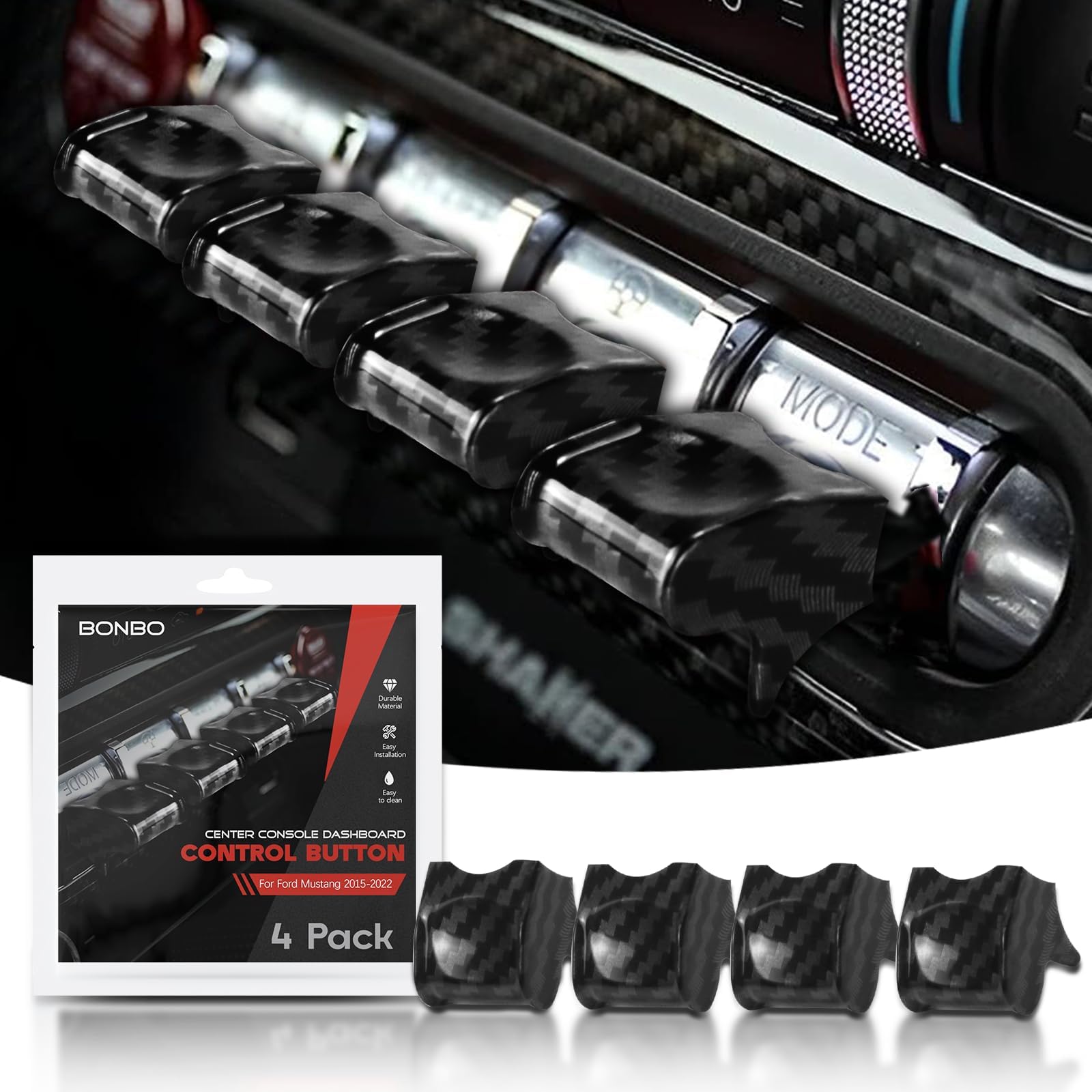 Bonbo Center Console Dashboard Control Button Cover Trim Interior Accessories for Ford Mustang 2015-2022(4 Pack, Black Carbon Fiber)