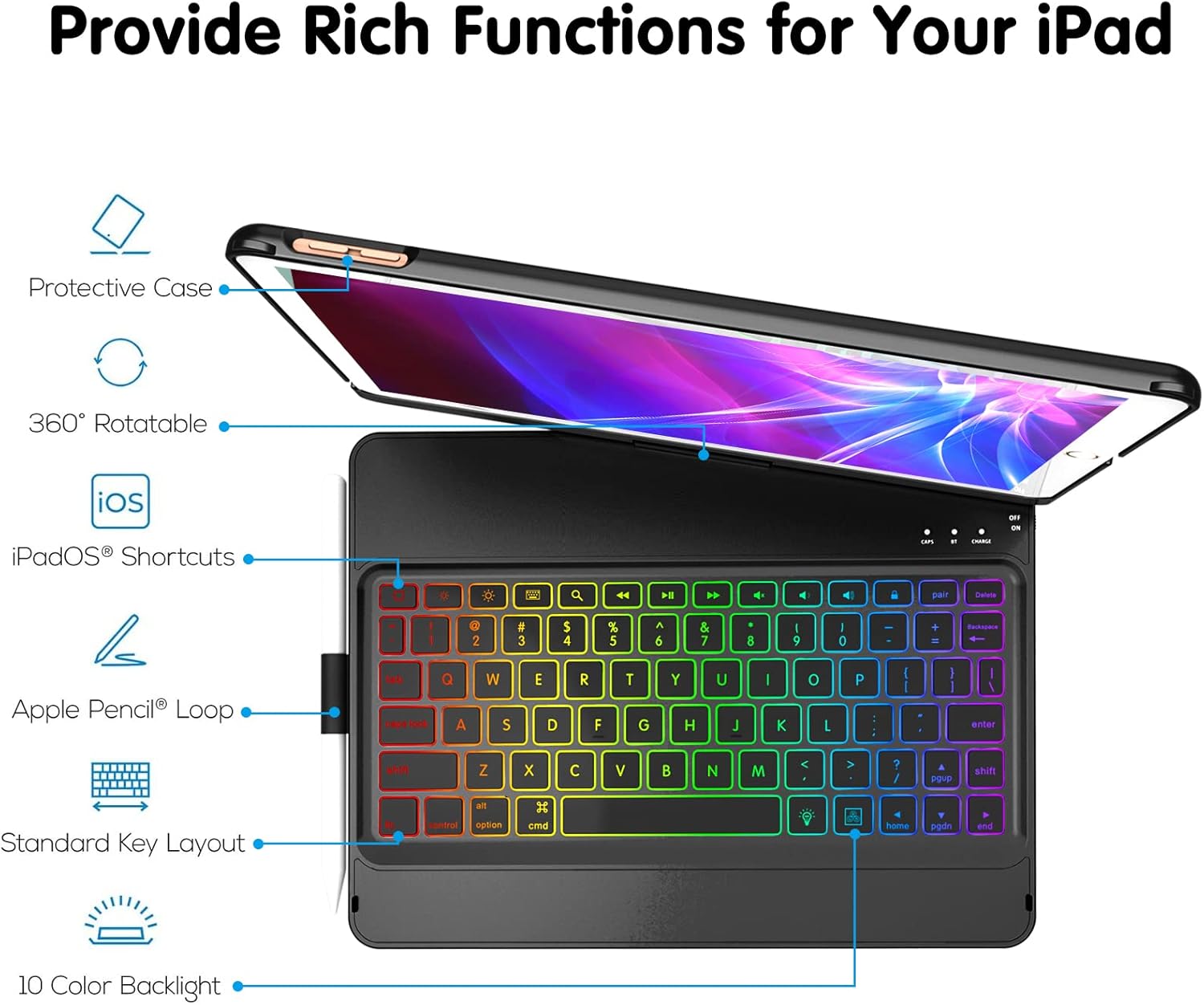Keyboard Case for iPad 9th Generation,7 Color Backlight iPad Keyboard for 10.2-inch 9th /8th /7th /Air 3/Pro 10.5-inch,360° Rotatable Protective Cover with Apple Pencil Holder(Black) - Image 4