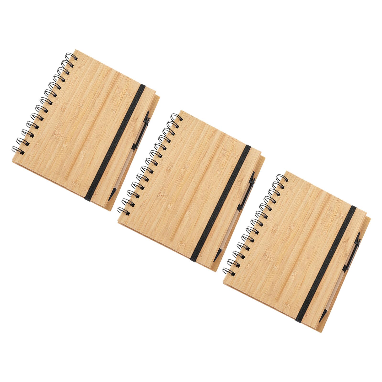 Set 3 Quaderni a Spirale con Copertina in Bambù, Blocchi Note a Righe da 70 Pagine, Diario Portatile con Penna Integrata per Ufficio, Scuola e Appunti di Viaggio