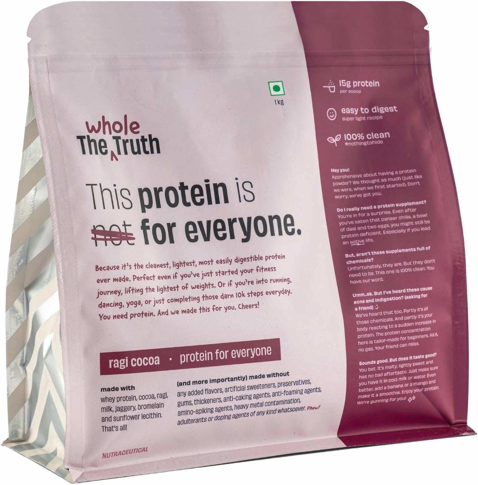 15g Protein/Scoop | Ragi Cocoa 1 kg | Protein for Everyone | Beginners Protein Powder | Clean, Light & Easy to Digest | No Artifical Flavours & No Artificial Sweetener