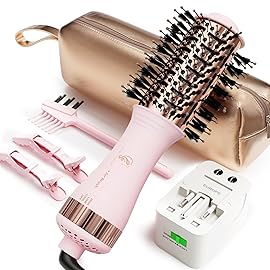 Dual Voltage Travel Hair Dryer Brush, Mini Hot Air Brush Styler & Dryer for European Travel, Hair Trends Nano Titanium 2 Inch One Step Hair Dryer and Styler Volumizer Oval Shape