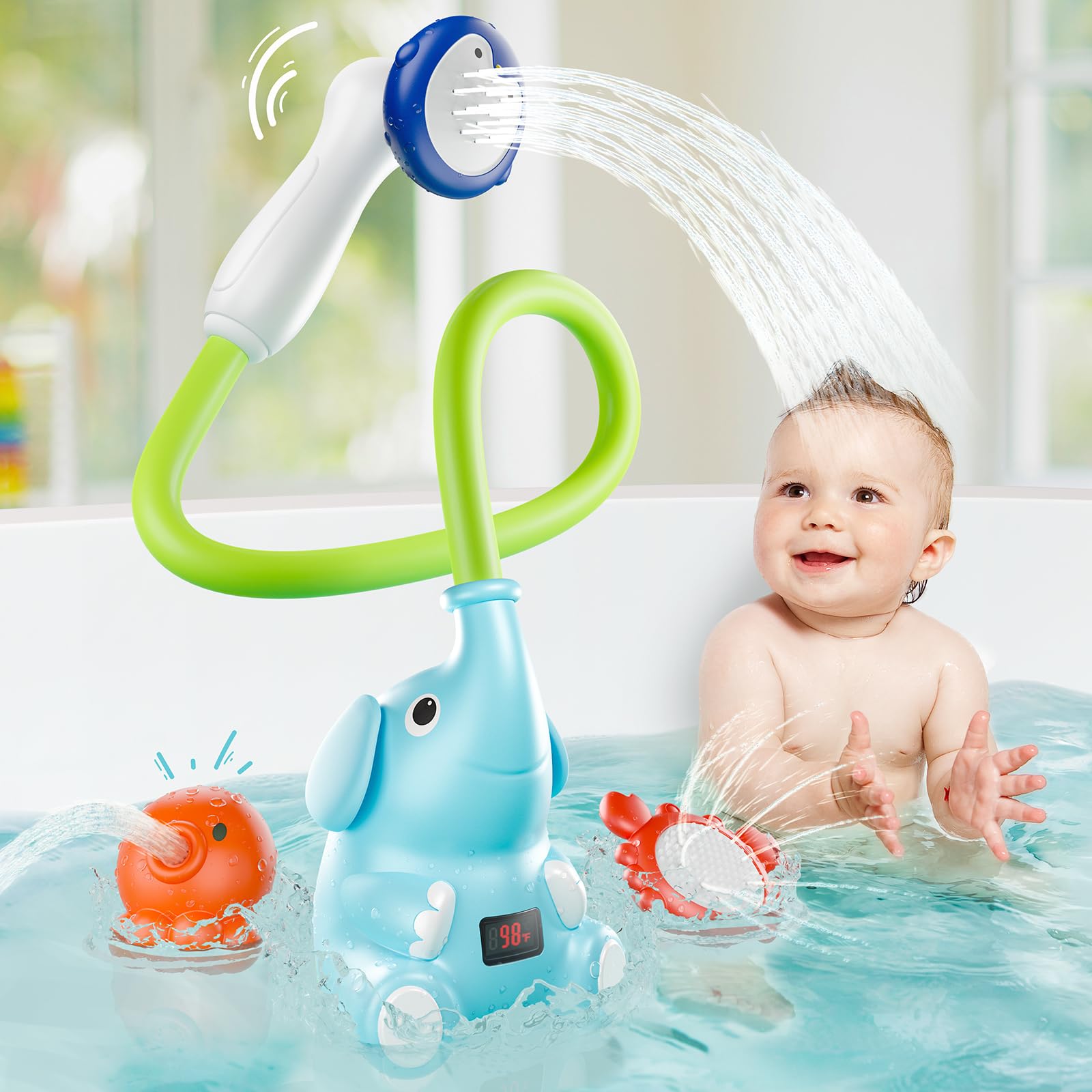 Baby Bath Shower Head with Water Thermometer 3-in-1 Rechargeable Bath Toys 3 Exchangable Shower Heads and Soft Silicone