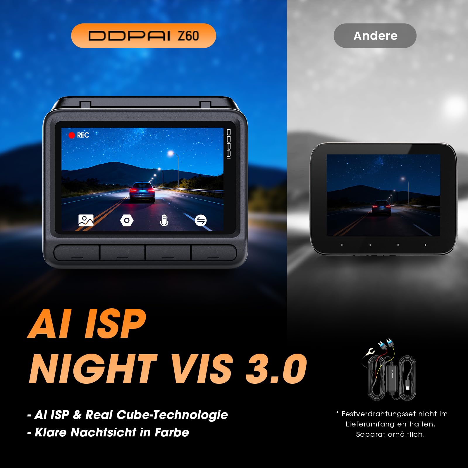 DDPAI Z60 Dashcam Auto Vorne Hinten 4K+1080P, Integriertem 32GB eMMC/4G LTE