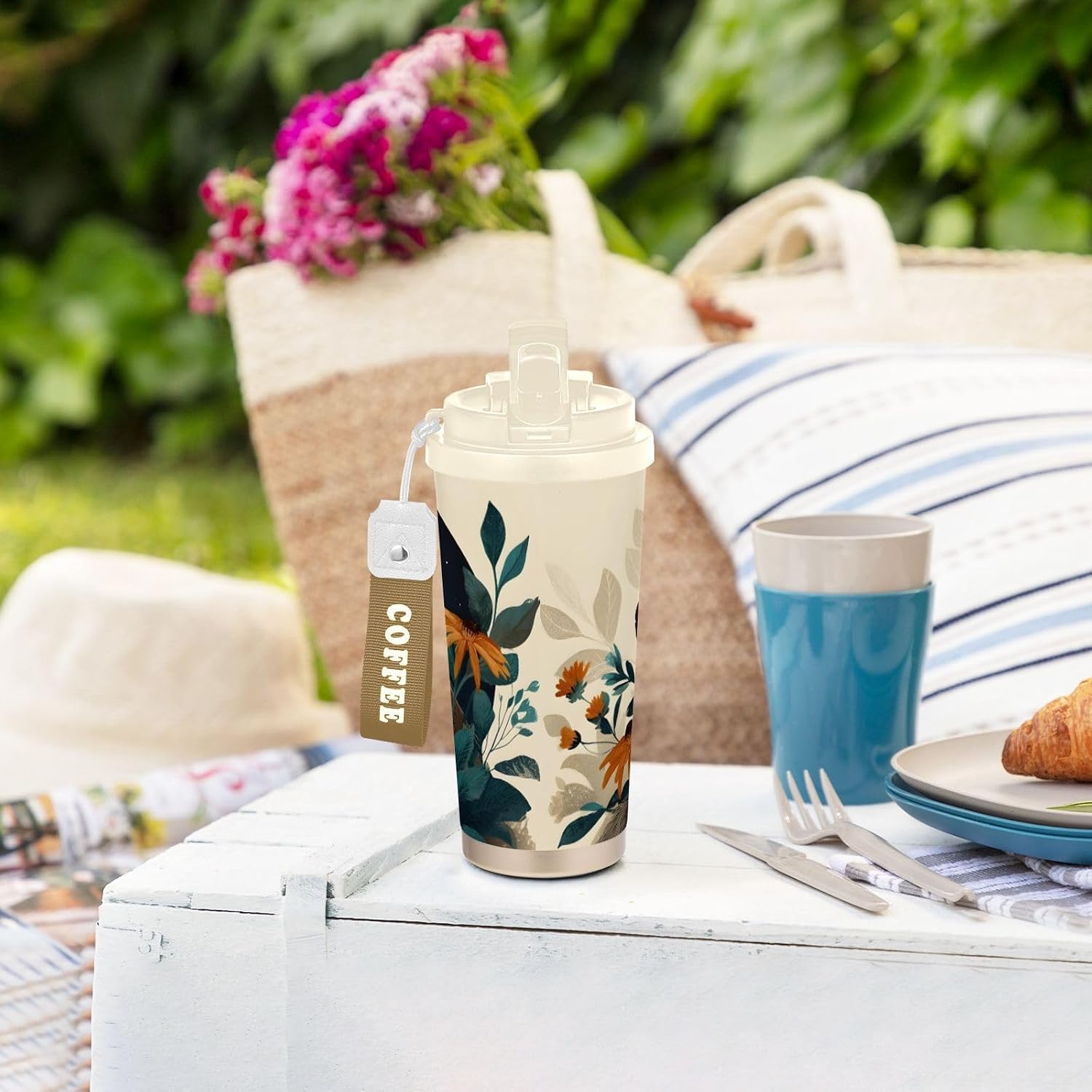 Sloth Art Floral Insulated Coffee Mug with Straw & Flip Lid, 16.9oz Iced Tumbler Cup, Double Wall Vacuum Mug for Travel Office