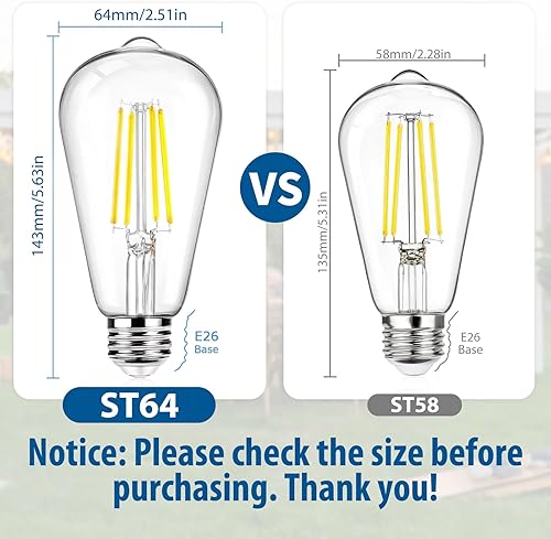 Vista 26 de Paquete de 12 bombillas LED Edison ST64 grandes, estilo vintage, equivalente a 60 W, 7 W, 800 lúmenes, filamento LED antiguo regulable, blanco