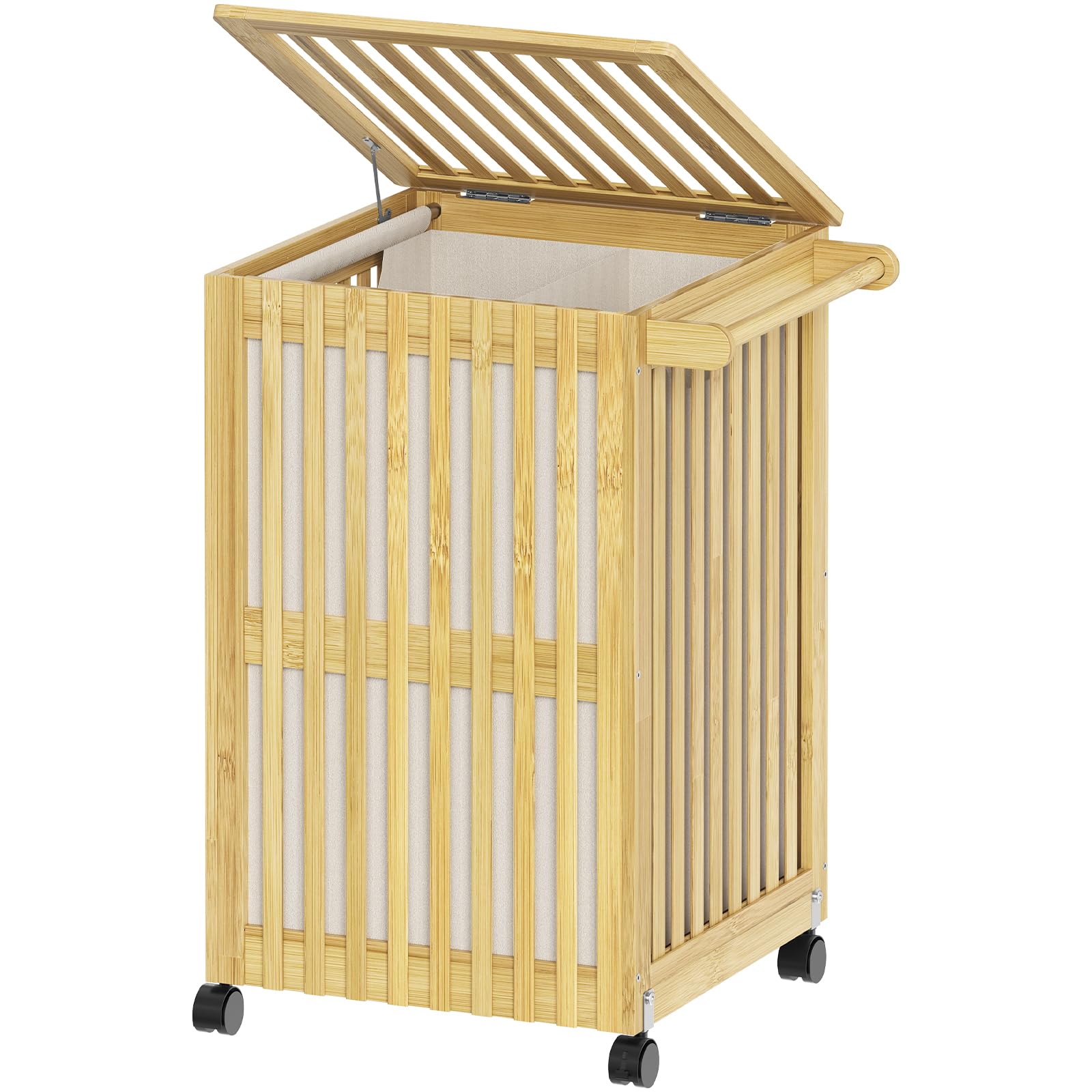 HOOBRO Cesto para Ropa Sucia de Bambú, Volumen 120 L, con Tapa y Asas, Cesta de Lavandería, Cesto para la Colada con Ruedas, Doble Compartimento con Bolsa Extraíble, Baño, Lavadero, Natural EYL60XY01