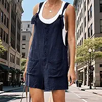 Macaquinho feminino de linho, sem mangas, shorts de verão com alças ajustáveis e bolsos