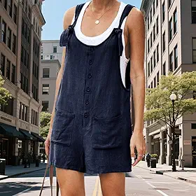 Macaquinho feminino de linho, sem mangas, shorts de verão com alças ajustáveis e bolsos