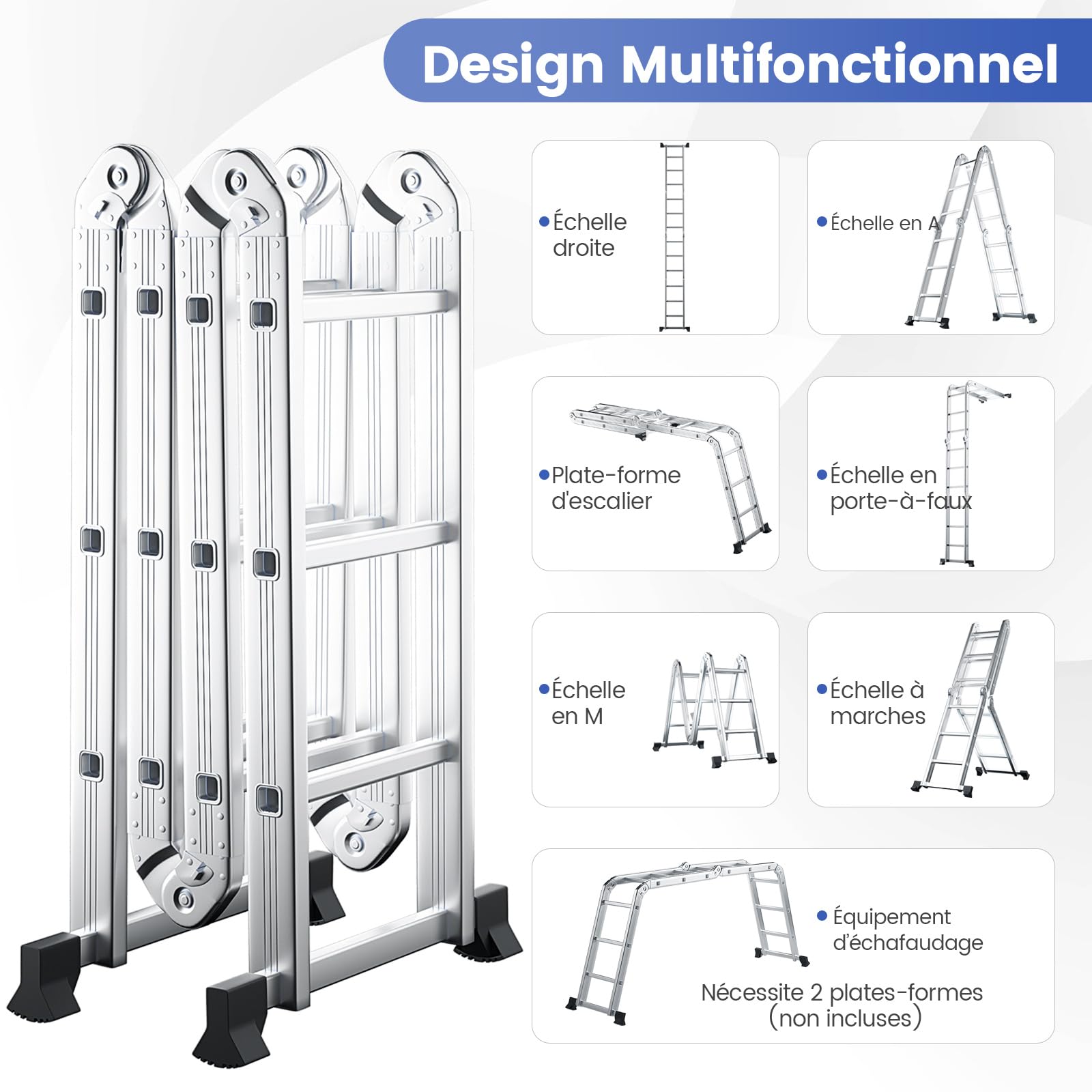 COSTWAY Échelle Pliable en Aluminium 7 en 1 de 370,5 cm, Échelle Multifonction avec Marches et Plate-Forme Antidérapants, Charge Max 150KG, pour Maison et Extérieur