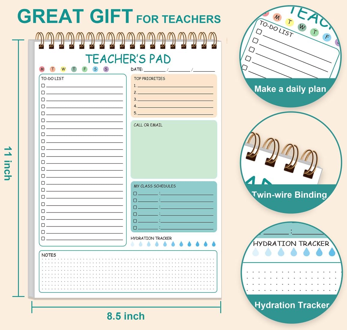 Teacher Notepad - A4 Teacher To Do List Notepad, Spiral Checklist Notebook Organizer for Teachers Notes Task Appointment, Teacher Appreciation Gifts, 8'' x 11'', Green image 2