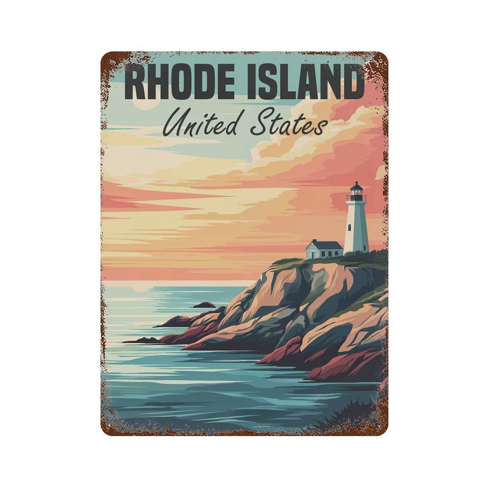 Rhode Island Lighthouse Sunset Rustic Tin Plaque 15.7"x11.8", Ideal for Cafe, Home Bar And Lounge Decor