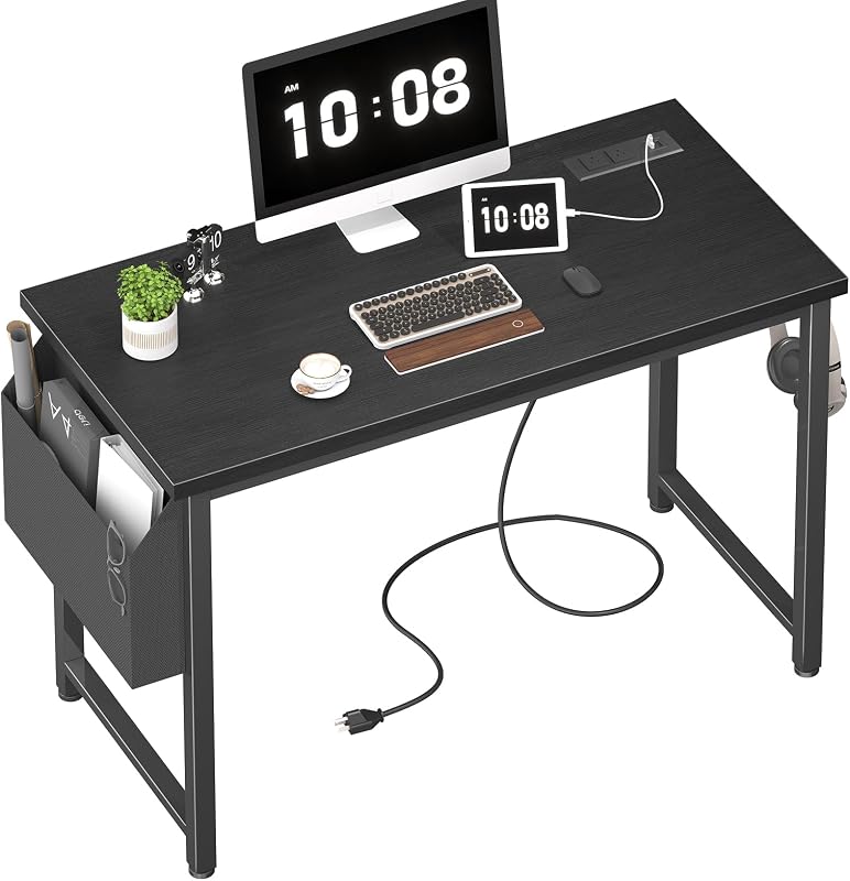 39 inch Computer Desk with Power Outlet, 40 inch Teen Study Table Home Office Work Writing Desks with Charging Station Outlets Built in, Black
