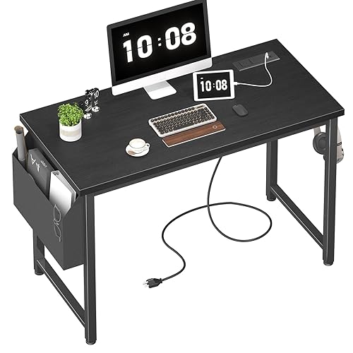 Lufeiya 39 inch Computer Desk with Power Outlet, 40 inch Teen Study Table Home Office Work Writing Desks with Charging Station Outlets Built in, Black - Black - 39.4"