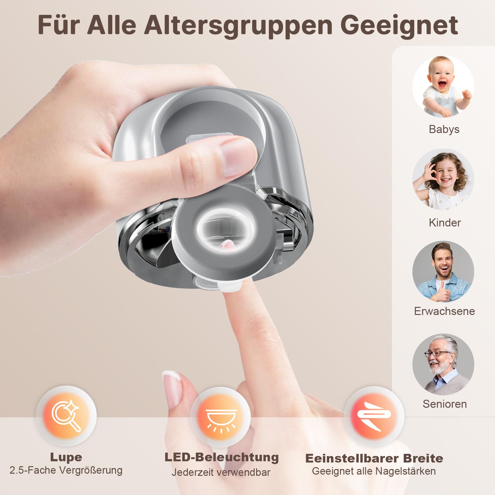 Elektrischer Nagelknipser, 4 in 1 Nagelknipser Elektrisch Mit Led-Licht & Vergrößerungsglas, Doppelklingen für Dünne & Dicke Nägel, 3-Speed, für Senioren & Sehbehinderte-Grau
