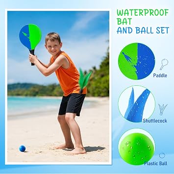 U&C Planet Beach Bat and Ball Set Wooden Outdoor Paddle Ball Game for Kids