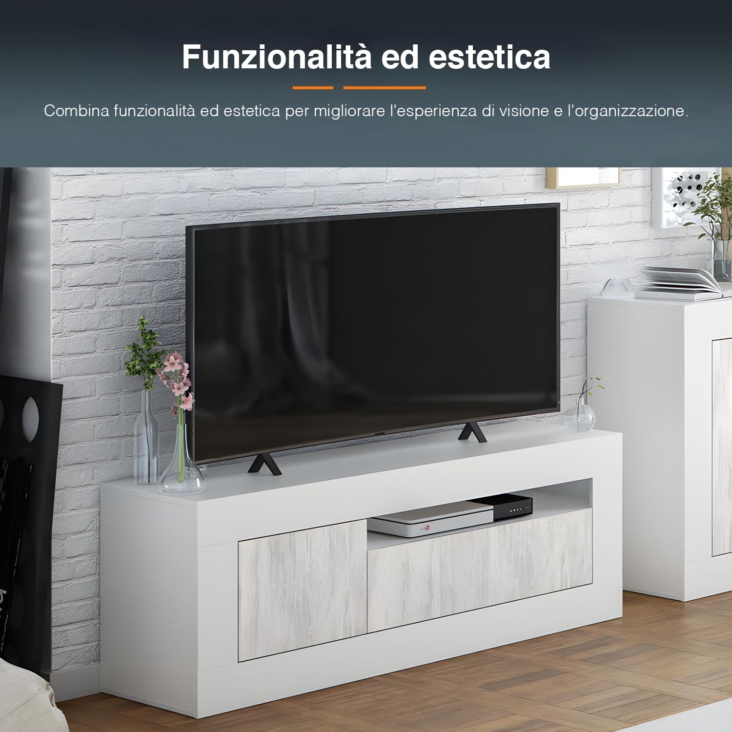 Avilia Mobile Porta TV Mobiletto Basso per TV con 2 Ante e Scomparti Portaoggetti - Con Foro Passacavi Integrato, in MDF, 42x139x53cm, Bianco