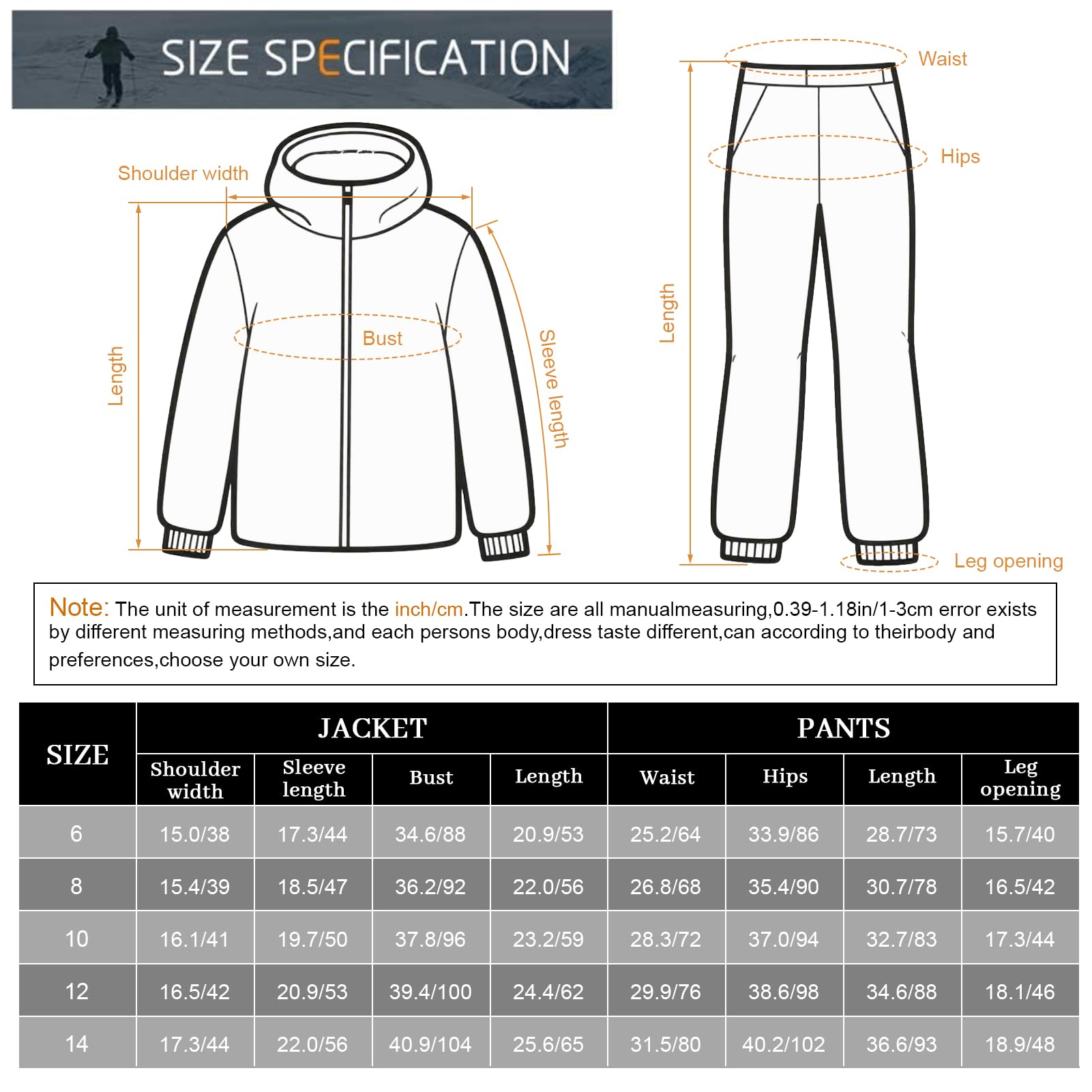 Traje de Nieve Niños Impermeable Conjunto de Esquí Niñas 2 Piezas Chaqueta con Capucha + Pantalón de Esquí para Invierno