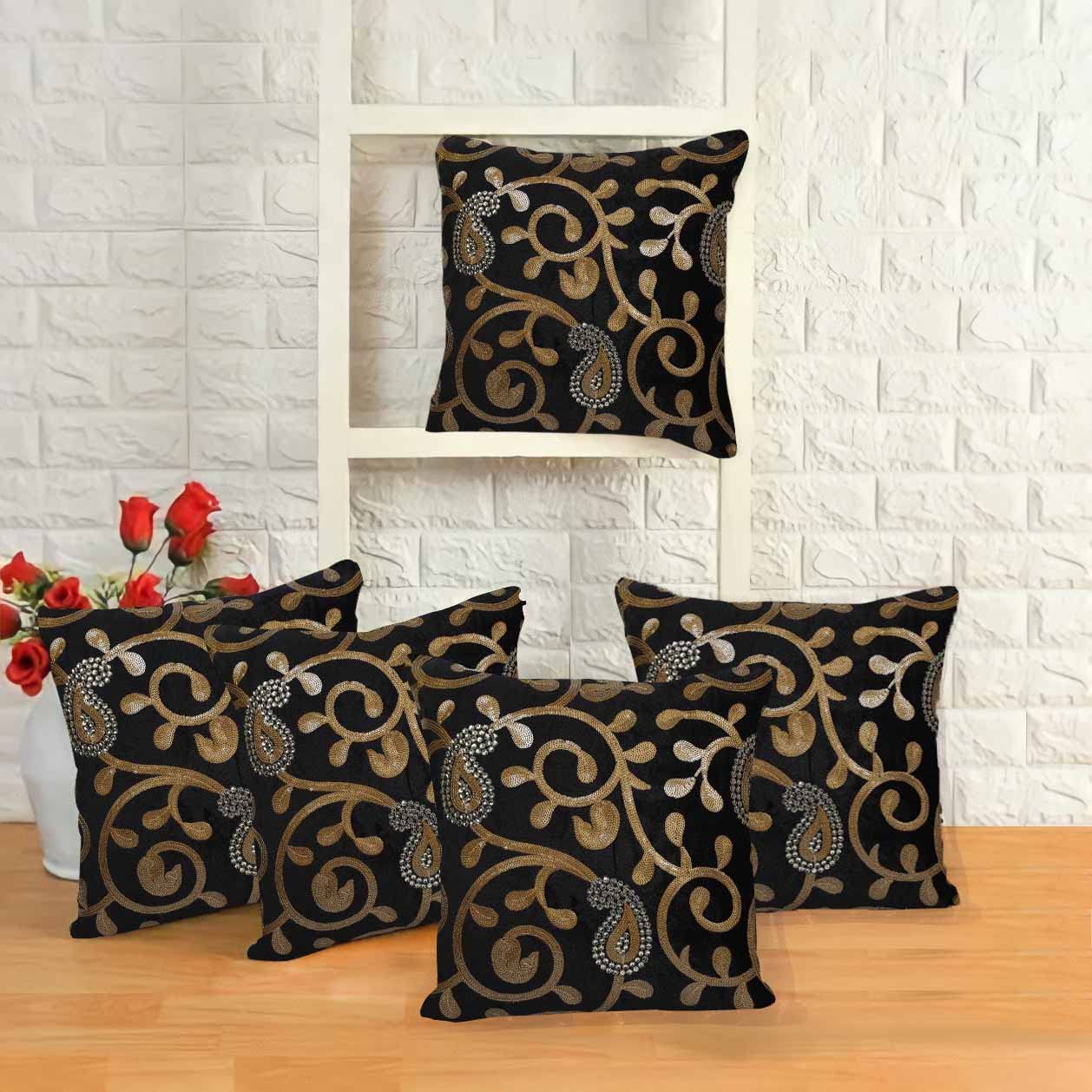 IM FAB Sequence Embroidery Work Velvet Cushion Cover, 16X16 inches or 40X40 cm, Black -Set of 5