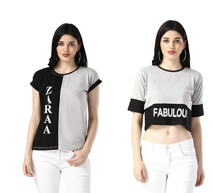 DHRUVI TRENDZ Women Printed Top with Half Sleeves for Office Wear, Casual Wear, Under 399 Top for Women/Girls Top(Grey&Turquoise)