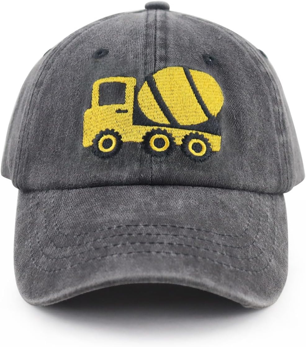 Construction Site Vehicles Hats for Boys Girls Age 3-10, Adjustable Vintage Embroidered Kids Baseball Cap