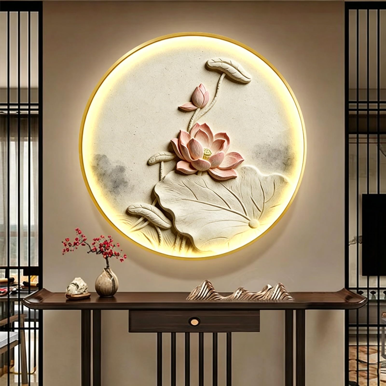 DAJIAYIQI 3D Lotus Sculpture Decoration with Lights, Framed Wall Painting Decor, Modern Artwork Lotus Koi Fish Wall Sculpture Decoration, for Home Entrance Hallway(A,50cm/19.6in)