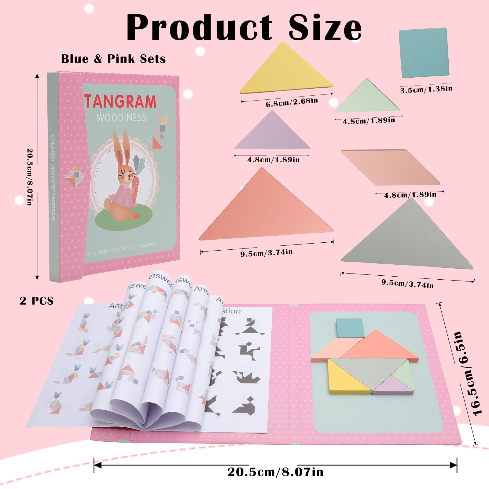 2SZT. Magnetyczny Tangram, Tangram Magnetyczna Gra dla Dzieci, Montessori IQ Gry i Zabawka Edukacyjna w Formacie Książki, Magnetyczne Gry Tangram z Drewna dla Dzieci od 3 Lat, Edukacyjna