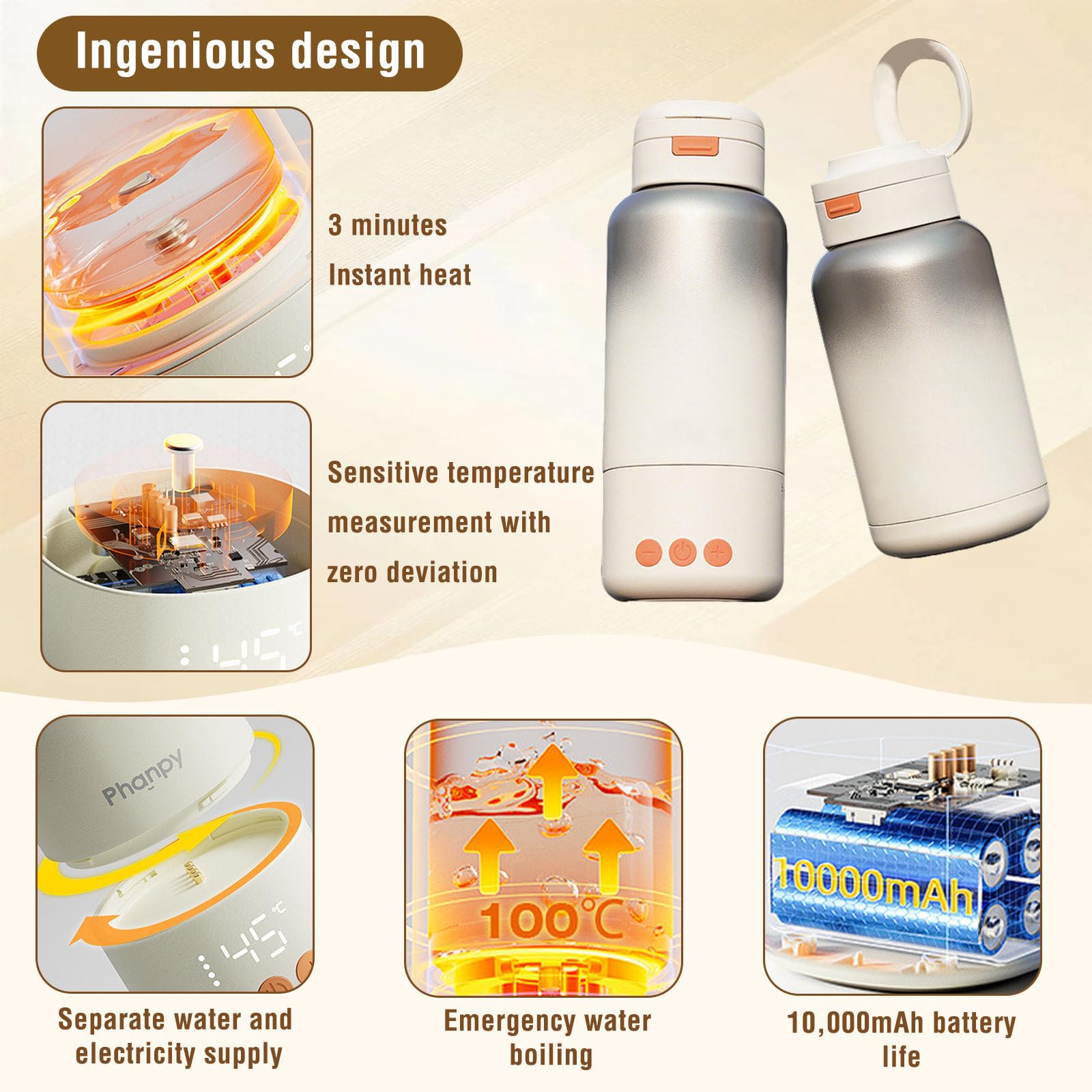 Chauffe Biberon Portable/Petits Pots Chauffe-Biberons, Chauffe Biberon Nomade Portable, Chauffe Rapide, Grande Capacité de 500 ml, Recharge Rapide, Chauffe Biberon mit 7 Réglages de Température