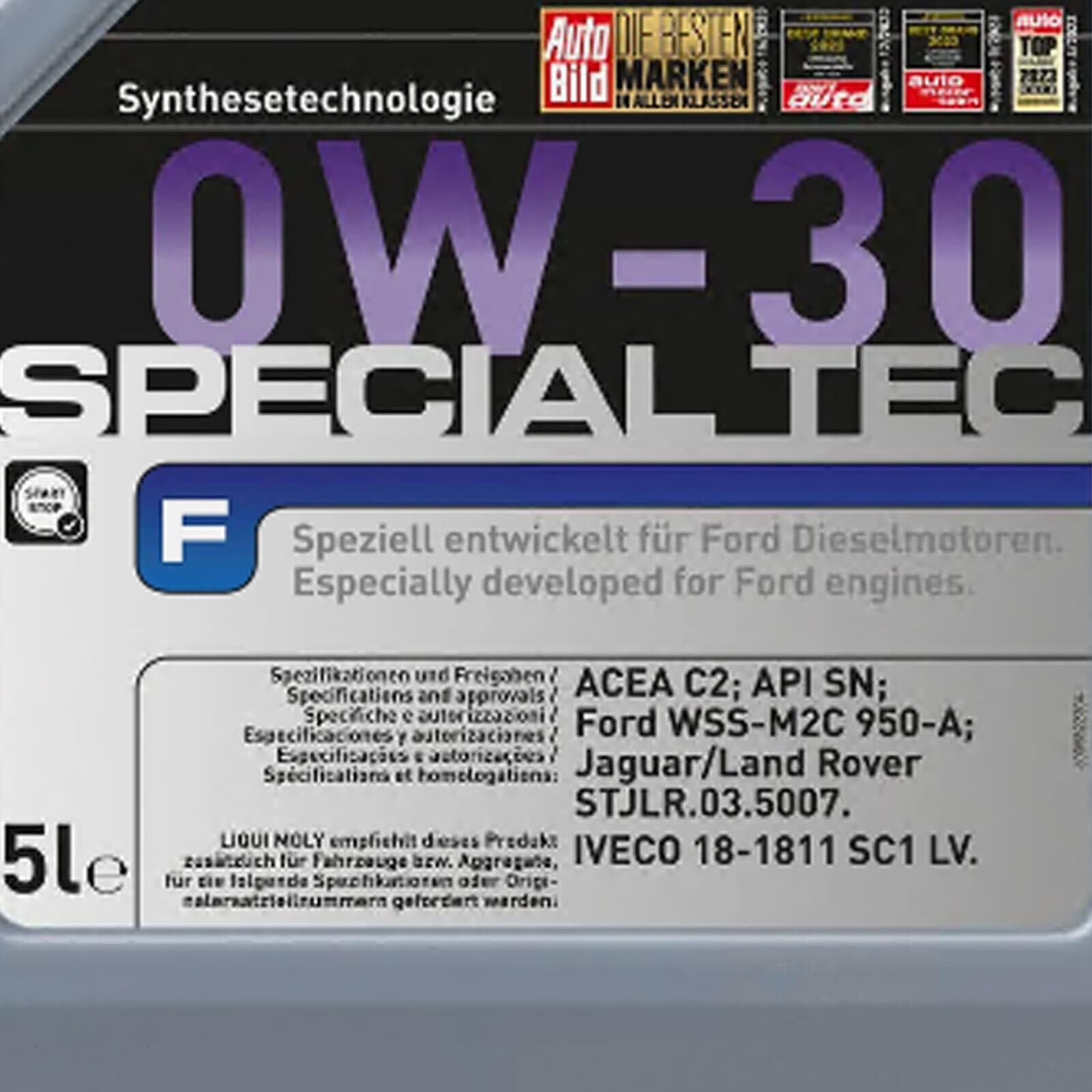 LIQUI MOLY Aceite de motor 0W-30 Special Tec ACEA C2 API SN F 5L Compatible con FORD Fiesta Mk6 Hatchback CB1, CCN, JA8, JR8, KIA RIO III UB, CITROËN C1 PM, PN, PEUGEOT 107 Hatchback PM, PN, TOYOTA
