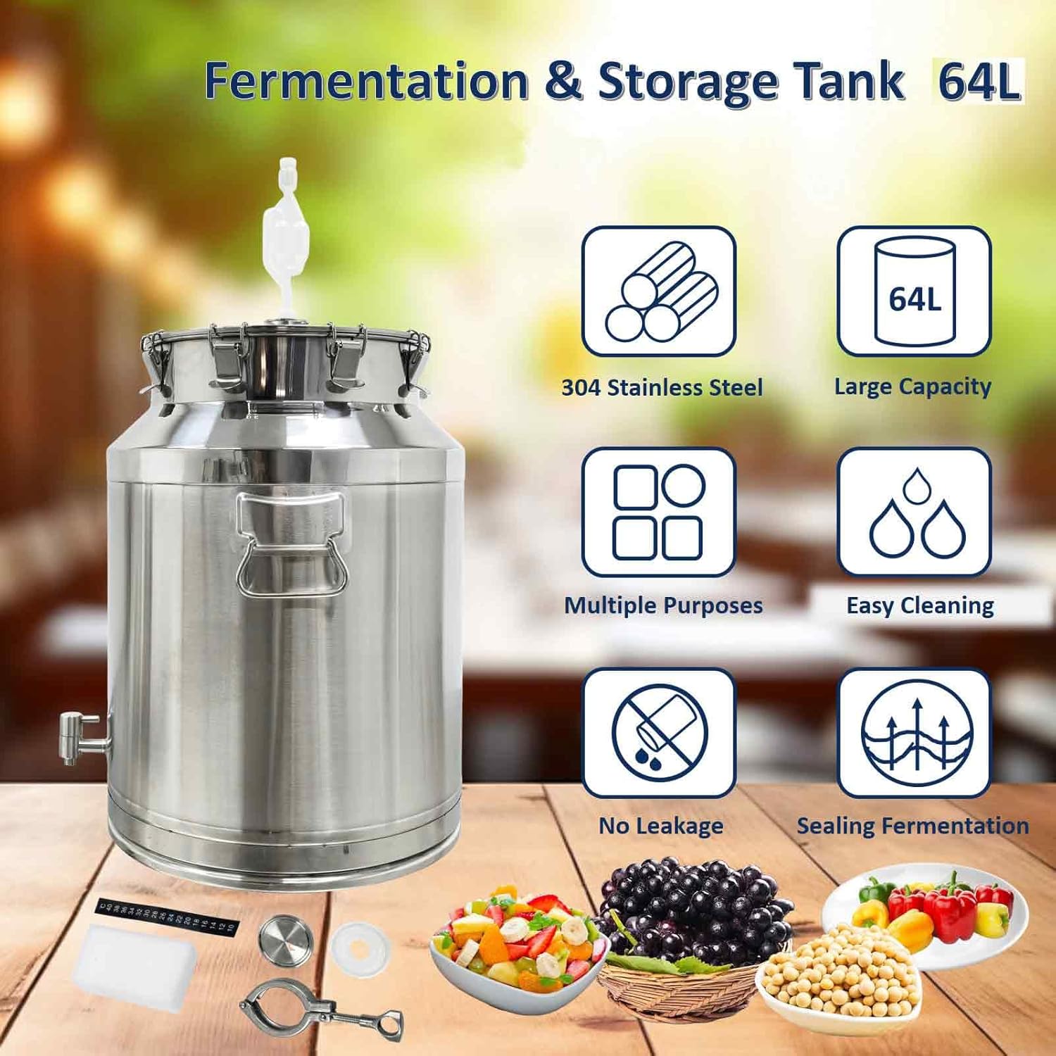 64L Stainless Steel Fermenter Tank with Faucet & Exhaust Valve 304 Food-Grade Fermentation & Storage Container for Wine, Beer, Sauerkraut