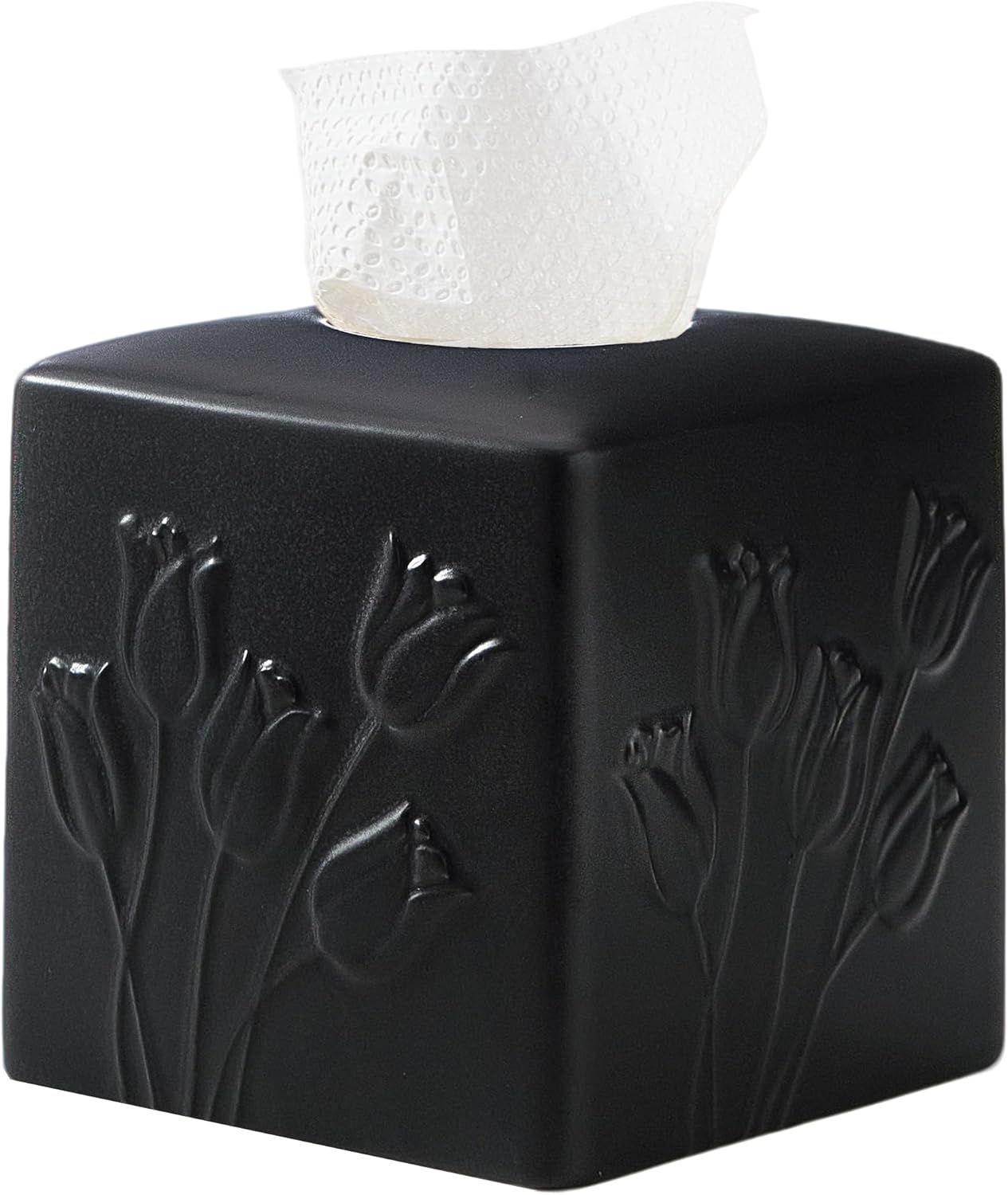 Beige Ceramic Tulips Tissue Box Cover - Modern Square Decorative Organizer for Facial Tissues, Farmhouse Style Home Decor for Bathroom, Bedroom, Living Room & Office