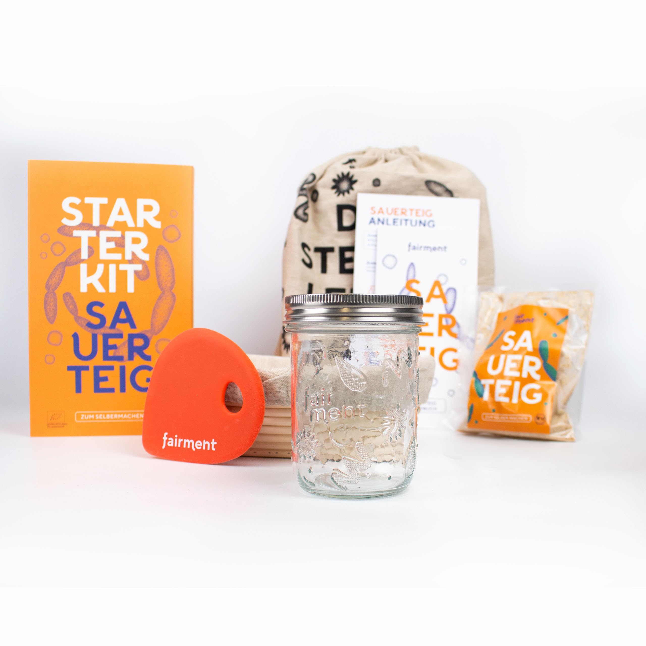 Sauerteig Starter Kit von fairment - Sauerteigbrot selber backen, inkl. Roggensauerteig Anstellgut (vegan, bio), Gärkörbchen, Teigschaber, Gärglas mit 473ml Fassungsvermögen, Rezept