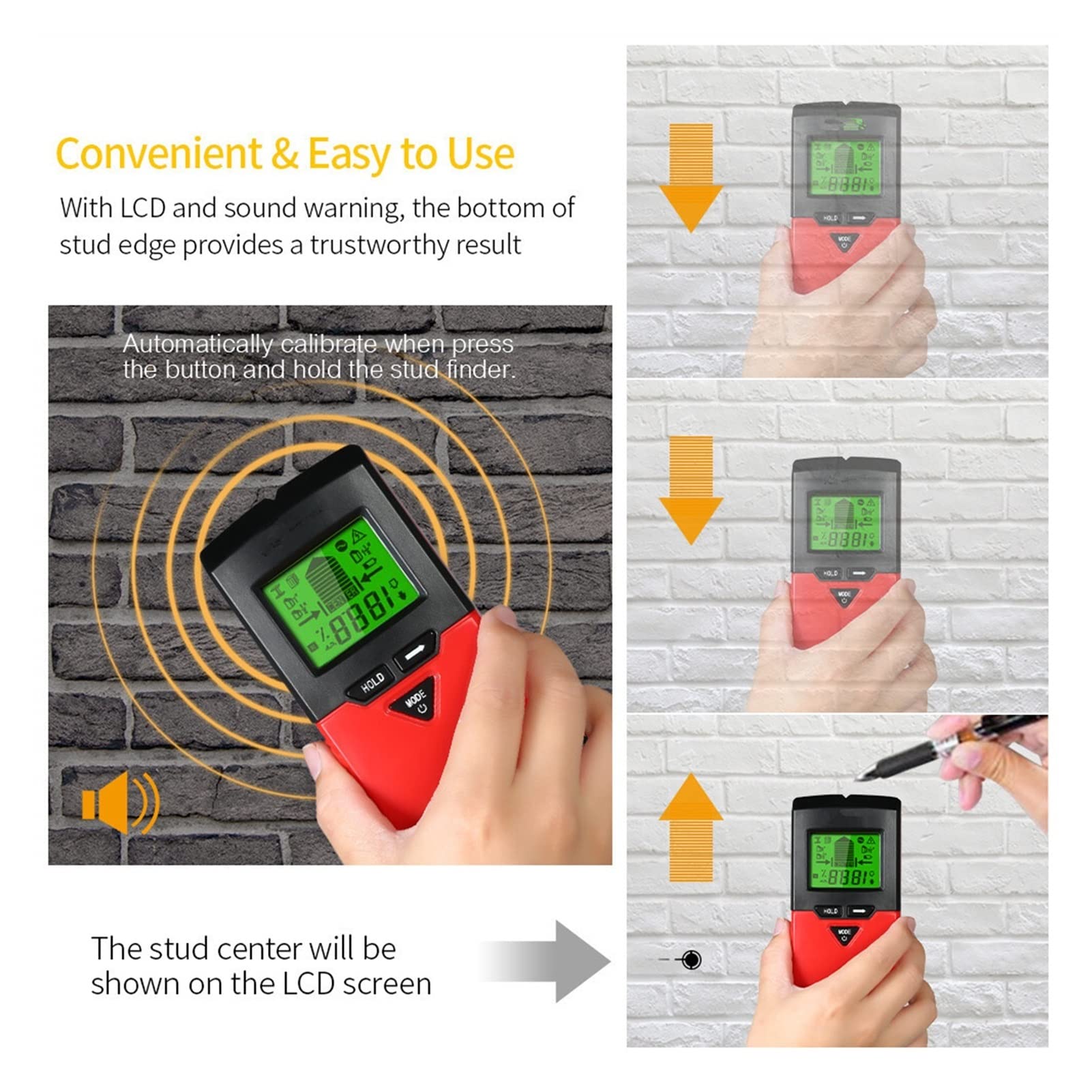 Detector de metales para adultos y niños Detector de metales, un escáner de pared 6-IN-1 actualizado, con 5 modos de escaneo y un nivel digital que escanea tachuelas, metal, cables de CA, madera y LCD