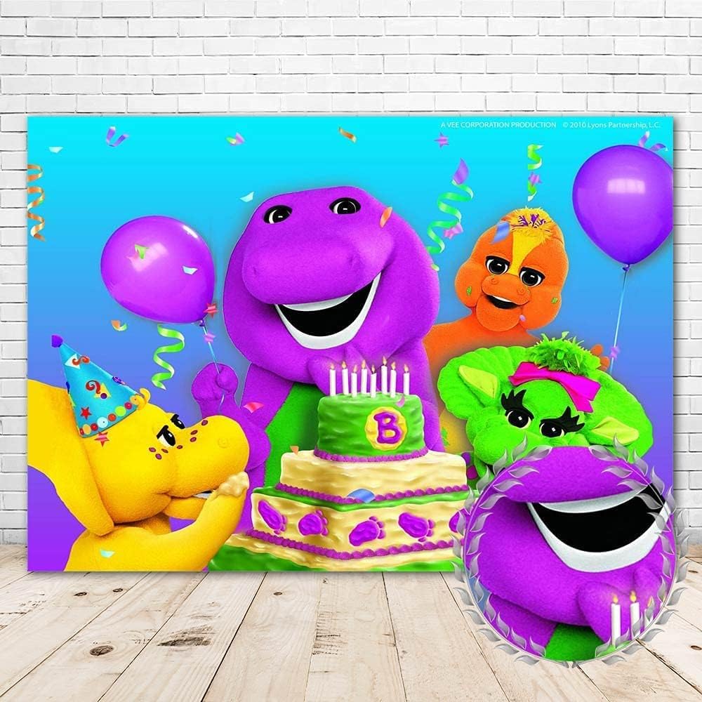 XiaoHanDinosaur Barney Backdrop 7x5 Vinyl Kids Birthday Party Background Purple Green Toy Photography Banner Baby Shower Cake Table Room Wall Decorate Props Picture Photoshoot