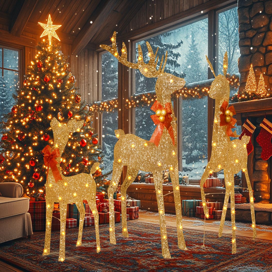 Cervi natalizi illuminati per esterni, 3 pezzi, renne illuminate, decorazioni natalizie per esterni, 137 cm, decorazioni natalizie per esterni per la casa, oro, 210 luci a LED