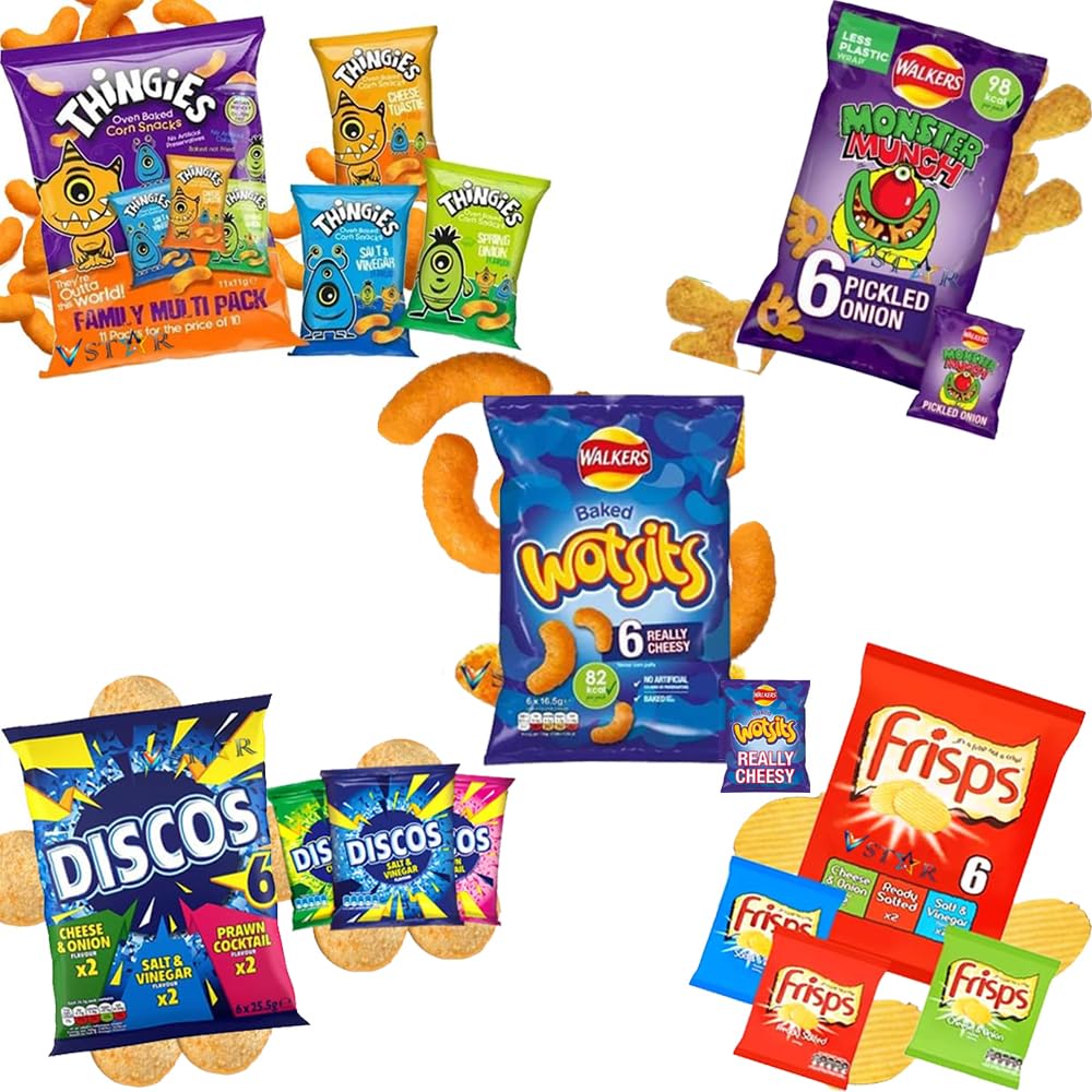 VSTARWalkers Wotsits,Frisps,Monster Munch Pickled Onion Rings,Thingies,Discos Chips Crisps Bags - 5 x Mixed Multipack Chips Bags (35 Mini Chips Bags)