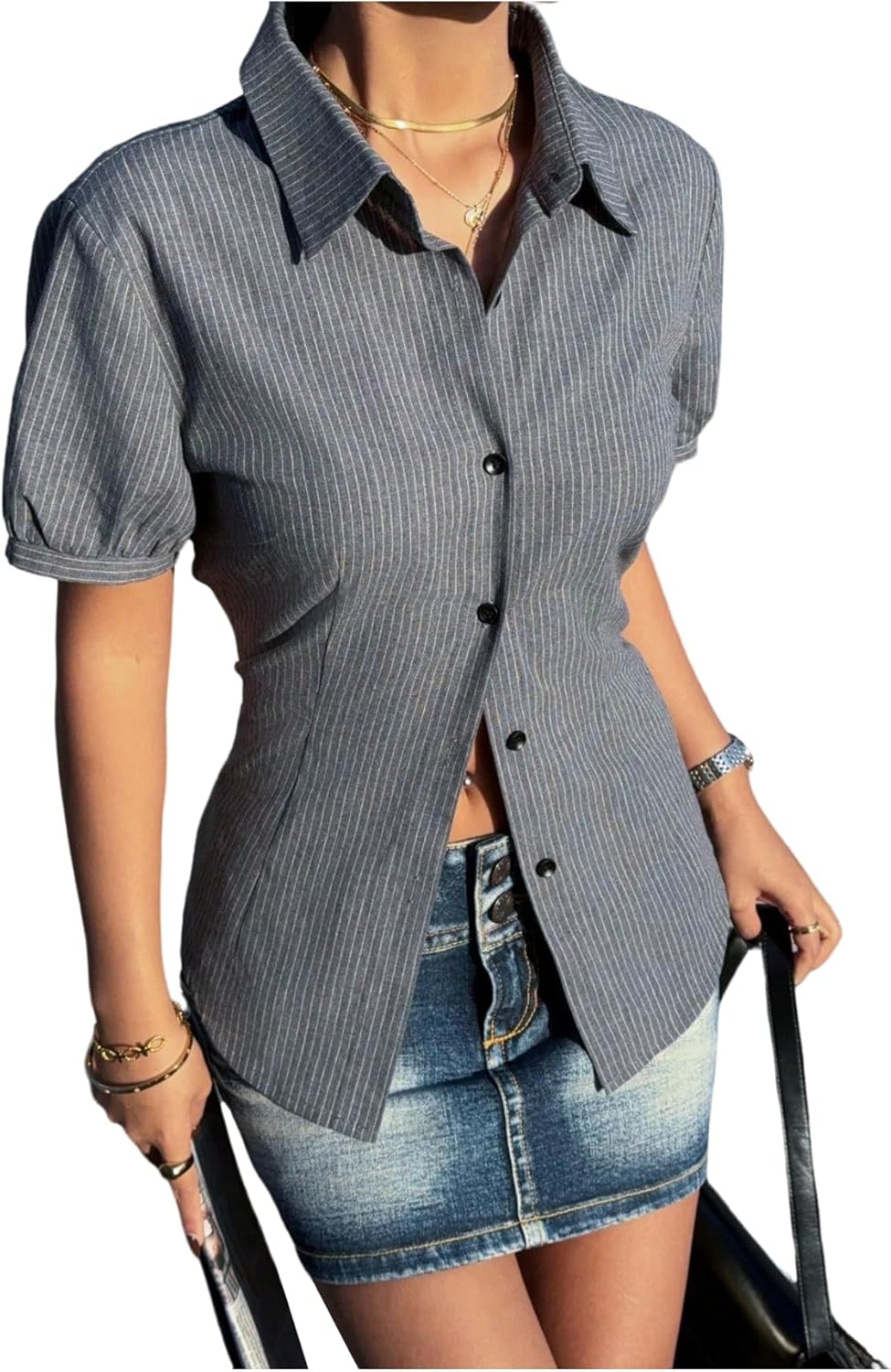 MakeMeChic Women's Striped Button Down Y2K Shirt Short Sleeve Collared Summer Office Blouse