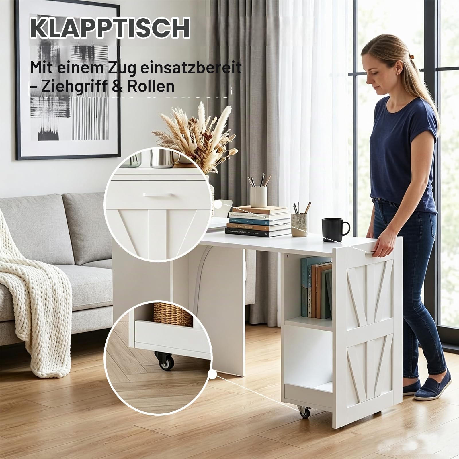 Klappbarer Schreibtisch Ausziehbar mit Stauraum, Computertisch mit 2 Regal, Ausziehbarer Esstisch mit Griff, Klapptisch, Klappschreibtisch für Kleine Räume, Schlafzimmer und Esszimmer, Weiß