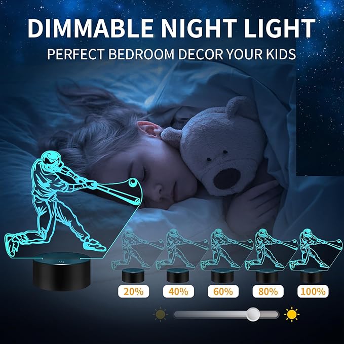 BASSI BASSI Gifts 3D Night Light,16 Colors Changing Touch/Remote Contro, Baseball 3D Illusion Lamp, Birthday Christmas Gifts for Boys Girls,Baseball Room Decor photo 3