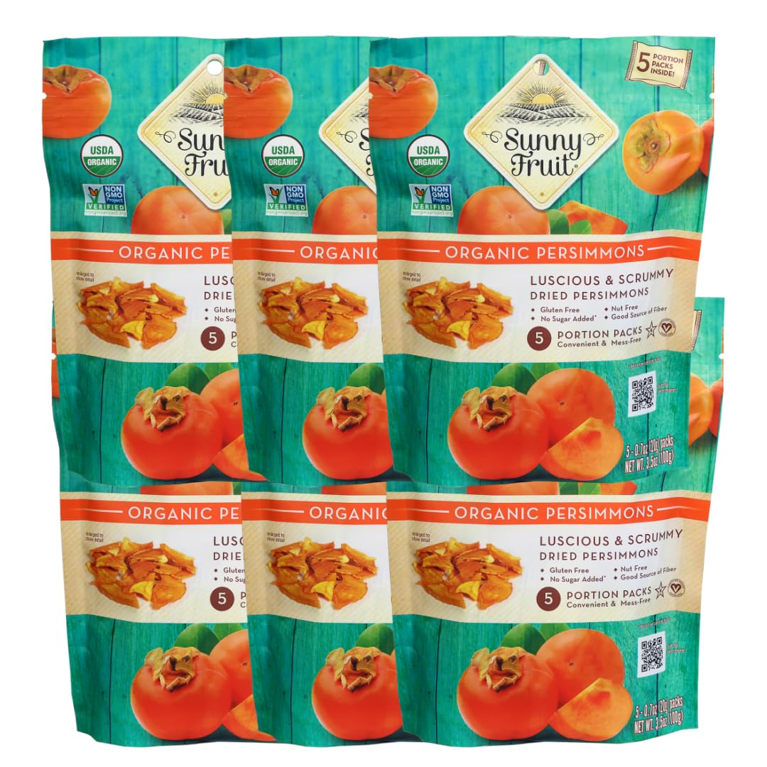 Sunny Fruit Organic Dried Persimmons - 6 Bags (30 Individual Portion Packs) | No Preservatives, No Sugar Added | Healthy, Convenient Snack Packs |