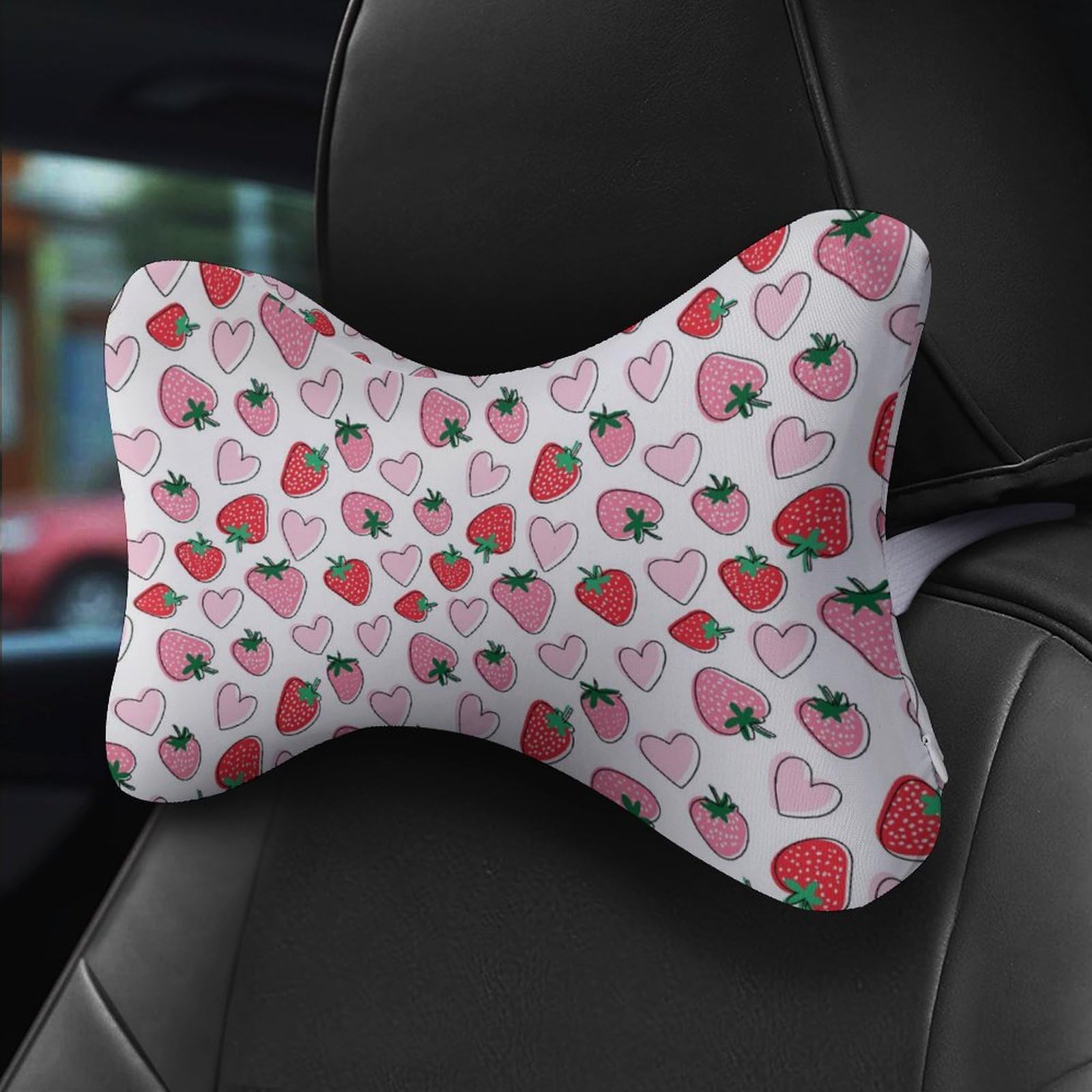 Strawberry Leaves Car Neck Pillow Set of 2 Car Seat Head Support Cushion Bone Pillows with Elastic Strap